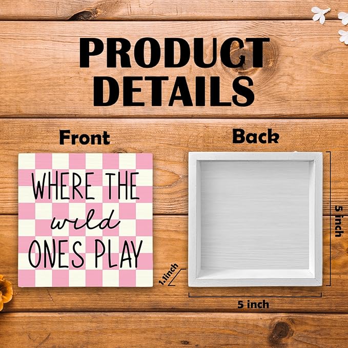 Where The Wild Ones Play Wood Box Sign Desk Decor 5X5, Nursery Kids Room Wooden Block Sign Decorations for Playroom Toddler Room Wall Tabletop Shelf Decor
