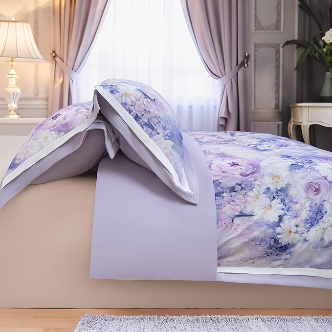MAGRACE Floral Duvet Cover Set King Size - 3 Piece Washed Fiber Bedding Set with Zipper Closure & Ties, Soft Purple Lavender Botanical Print Comforter Cover – Cozy Breathable Bedding for Women Girls