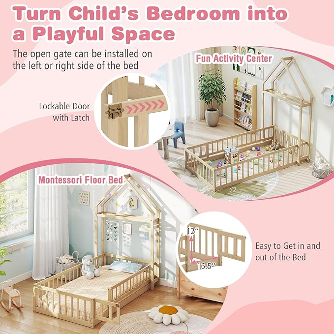 MAT EXPERT Twin Floor Bed with House-Shaped Headboard, Montessori Kids Bed with Detachable Clothes Hanger, Full Length Safety Guardrails, Solid Wood Twin Bed Frames for Kids (Natural)