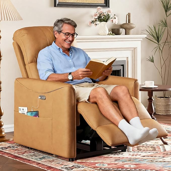 Adjustable Power Recliner Chair, Comfy PU Leather Electric Recliner Chair, Power Recliners with USB Port, Eco-Certified Small Recliners for Small Spaces Sofa Reclinable, Brown