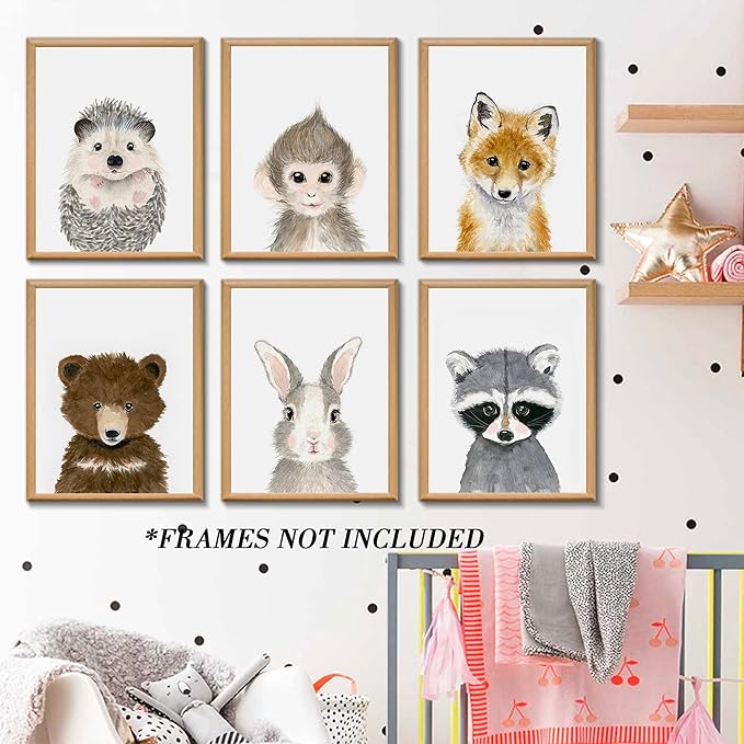 Jungle Nursery Safari Animal Decor - Cute Fawn, Fox, Rabbit, Bear Wall Art - Unframed - 12"x16" For Baby Bedroom