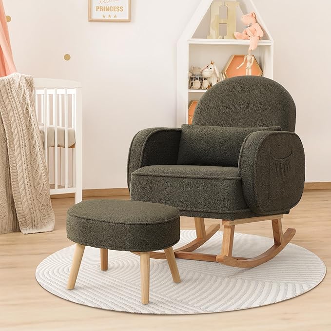 Rocking Chair with Ottoman, Nursery Glider Rocker with High Backrest and Side Pocket, Teddy Rocking Accent Armchair with Solid Wood Legs for Nursery, Living Room, Bedroom Green