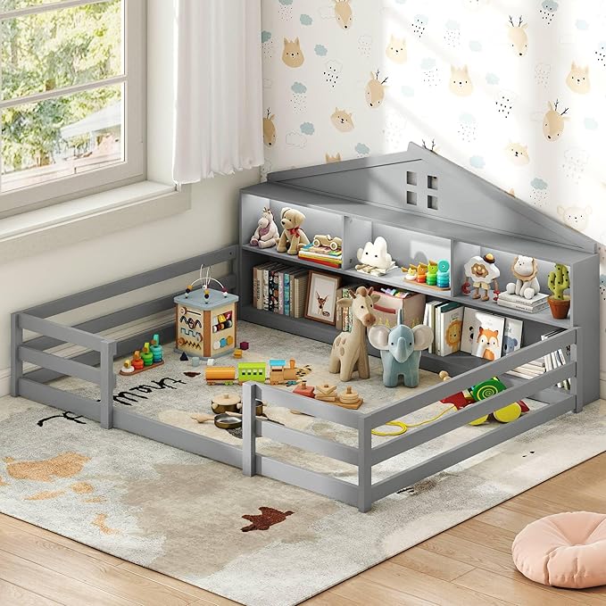 KOMFOTT Full Floor Bed with Bookcase & LED Light, Wood Bed Frame with Bedside Bookshelves & Guardrails, Versatile 2-in-1 Montessori Floor Bed for Kids