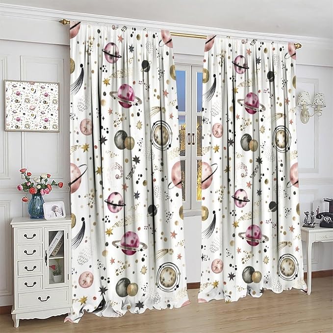 Kids Outer Space Curtains, Cartoon Galaxy Planet Universe Starry Starts Printed Window Drapes for Boys Girls Teens Bedroom Nursery 72" W X 63" L
