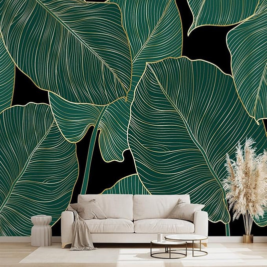 Black and Gold Leaf Mural Bedroom Tropical Green Botanical Wallpaper Room Plant Decor Living Room tv Background Large Wall Mural - 91"x65" (Not Peel and Stick)