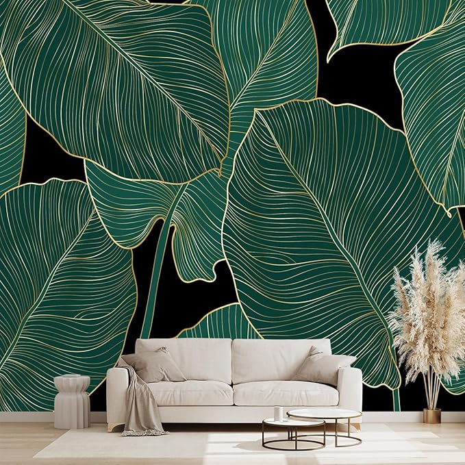 Black and Gold Leaf Mural Bedroom Tropical Green Botanical Wallpaper Room Plant Decor Living Room tv Background Large Wall Mural - 137"x96" (Not Peel and Stick)