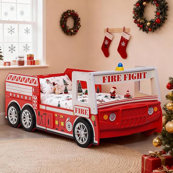 Bed Frames for Kids Fire Truck-Shaped Wooden Platform Bed Frame with LED Lights, Bed Platform with Wood Slat Support, Twin Size Chidren Bed Frame of Car Design,Fits Standard Twin Mattres(Red)