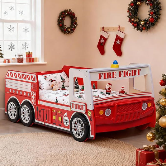 Bed Frames for Kids Fire Truck-Shaped Wooden Platform Bed Frame with LED Lights, Bed Platform with Wood Slat Support, Twin Size Chidren Bed Frame of Car Design,Fits Standard Twin Mattres(Red)