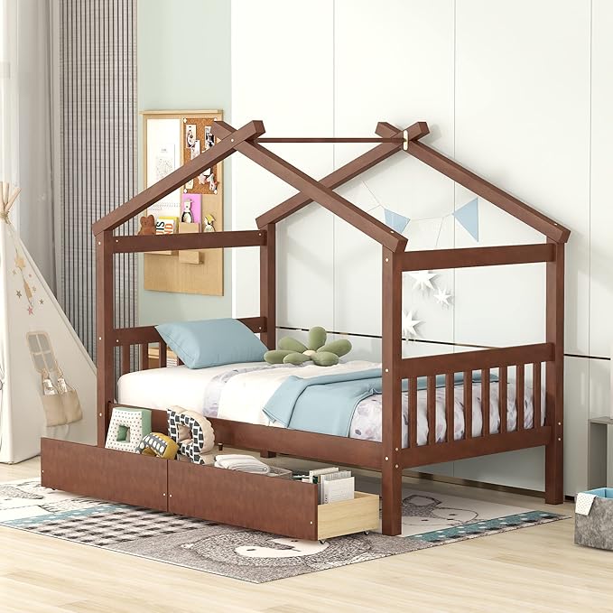 Merax Twin Size Wooden House Bed with Two Drawers, Wood Bed Frame with Roof for Kids, Teens, Boys or Girls, Walnut