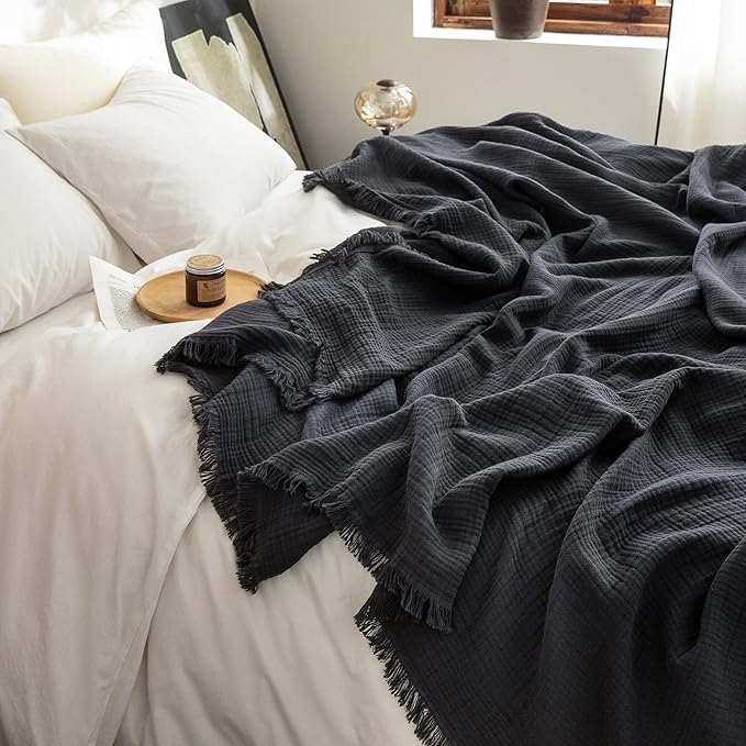 FOSSA Muslin Blanket with Fringe - 4-Layer 100% Cotton Gauze Super Soft & Breathable Throw -Lightweight Decorative Cooling Blanket for Bed, Sofa, Office - Super King Size 108" x 98" (Dark Gray)
