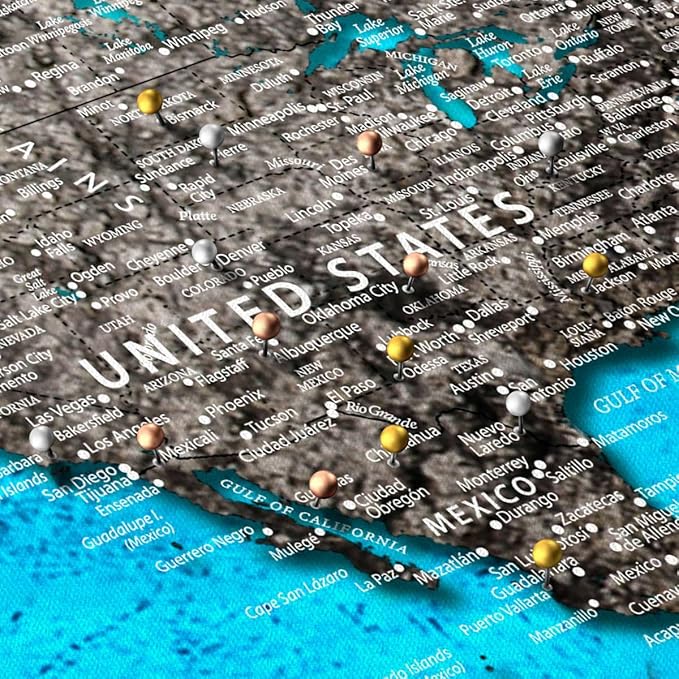 ElephantStock - My World Push Pin Travel Map Iii Wall Art - Horizontal Canvas Wall Art - Living Room Wall Decor - Digital Art Map Canvas Art - Turquoise And Blue Decor - 30" x 20"