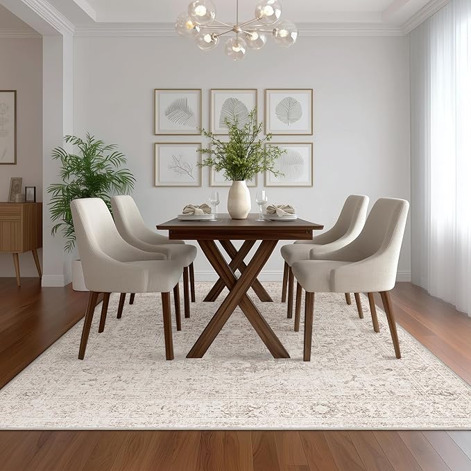 FMFUNCTEX 6x9 Washable Area Rug Beige Vintage Neutral Distressed Oriental Large Non Slip Carpet for Living Room Bedroom Soft Low Pile Indoor Mat Retro Throw Rug for Dining Room Kitchen Office Nursery