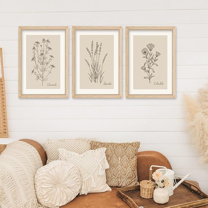 YWJKWLGS Vintage Botanical Wall Art 11x16 Inch Set Of 3 Wooded Framed Minimalist Rustic Wildflower Pictures Floral Sign Bedroom Wall Hanging Decor (Wood)