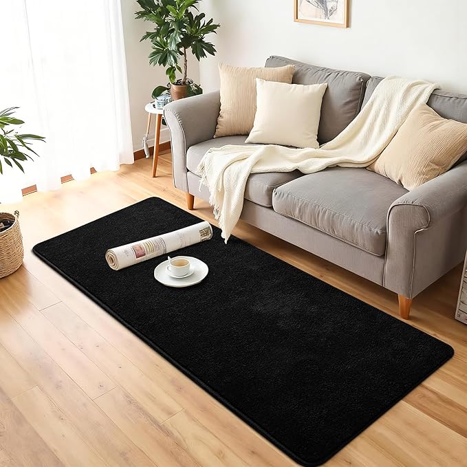 Chicrug 2x6 Minimalist Washable Runner Rugs for Bedroom Hallway, Modern Soft Memory Foam Rug for Kids Nursery, Low Plie Indoor Runner Entryway Carpet for Dorm Kitchen Bedside Living Room Decor, Black