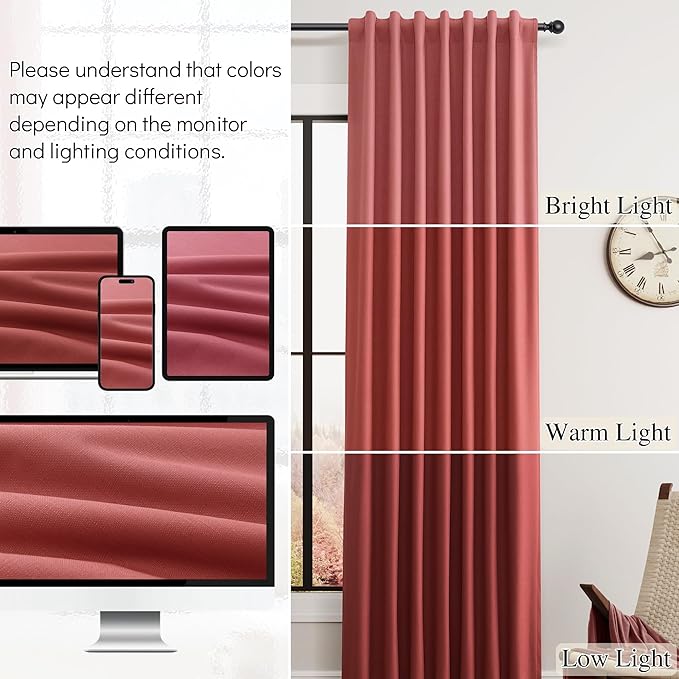 Guken Red Linen 100% Blackout Curtains for Living Room 96 Inches Long 2 Panel Sets for Living Room Textured Light Blocking Thermal Insulated Soundproof Back Tab Hook Belt Dining Room Backdrop 52x96