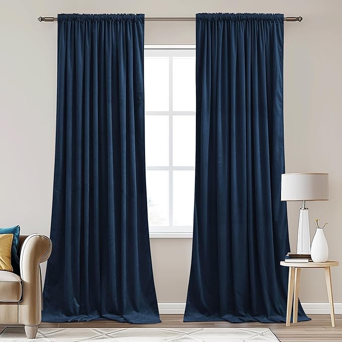 StangH Navy Blue Velvet Blackout Curtains 90 inches Long, Back Tab Privacy Sliding Door Drapes Thermal Insulated Noise Reducing Window Drapes for Living Room, W62 x L90, 2 Panels