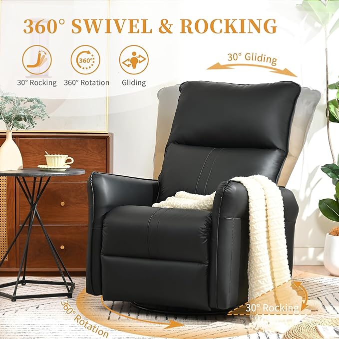 Swivel Rocker Recliner Chair, Upholstered 360° Fabric Leather Glider Rocker Chair for Nursery, Manual Small Recliners for Small Spaces Living Room Weight Capacity 300lbs