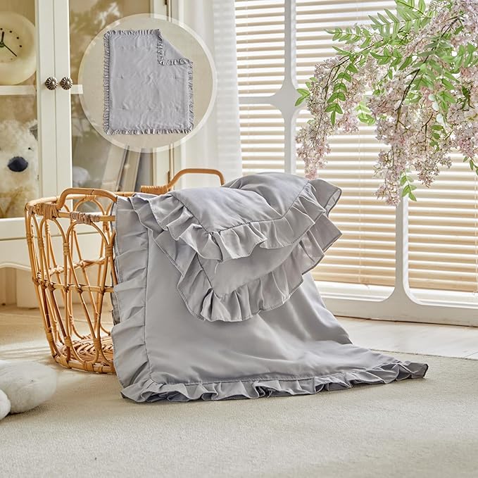 Ruffled Toddler Blanket Ruffle Comforter for Baby Toddler Girls, Soft Cozy Cute Quilted Blanket Breathable Microfiber Comfortable Down Alternative Small Size Quilt with Ruffle - 43"x 60" Gray