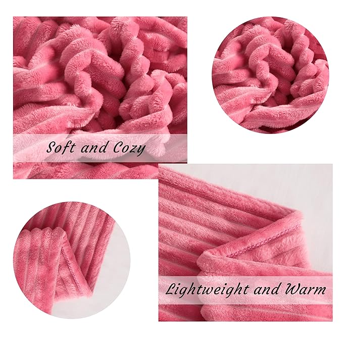 NTBAY Plush Flannel Twin Bed Blanket, 60X80 Inches Soft and Warm Lightweight Blanket with Striped Texture Bed Blanket for Couch Sofa Bed All Seasons, 60"x80", Coral Pink