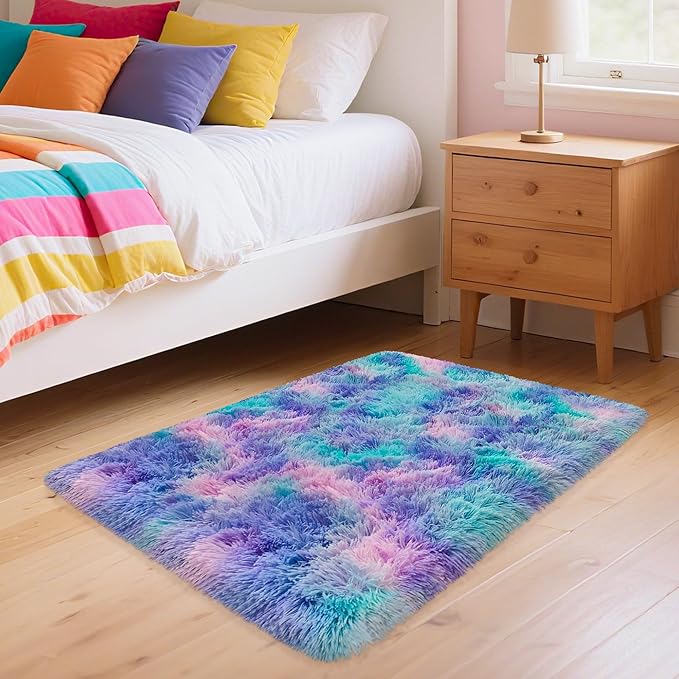 Shaggy Tie Dyed Light Purple Rainbow Rug Small,2x3 Area Rugs for Living Room Door Entryway Indoor Inside Front Entrance Dog Mat Anti-Skid Extra Comfy Fluffy Floor Carpet for Home Decorative