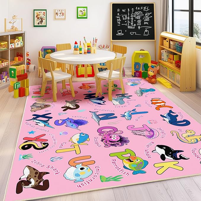 Kids Rug for Playroom, 5x7 Feet Educational Rug for Learn The ABC Alphabet, Soft Machine Washable Non-Slip Cute Marine Organisms Carpet for Classroom Toddler Nursery Kids Room Decor Mat, Pink