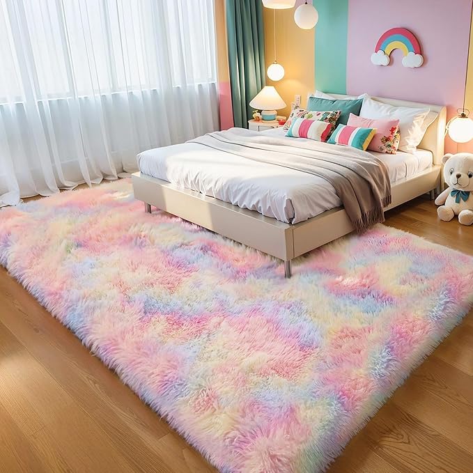 Thick Area Rug 5x7 Rainbow Fluffy Shag for Girls Bedroom,Ultra Soft Unicorn Plush Fuzzy Washable Thickened Non-Slip Carpet, Pastel Furry Shaggy Rug for Living Room Kids Boys Nursery Dorm