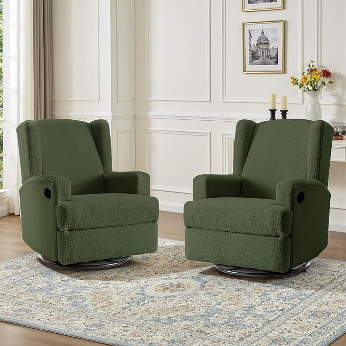 UIXE Swivel Glider Recliner Chairs Set of 2, Boucle High Back Accent Chair Nursery Rocker for Living Room, Upholstered Manual Reclining Sofa Seating with Deep Seat - Green