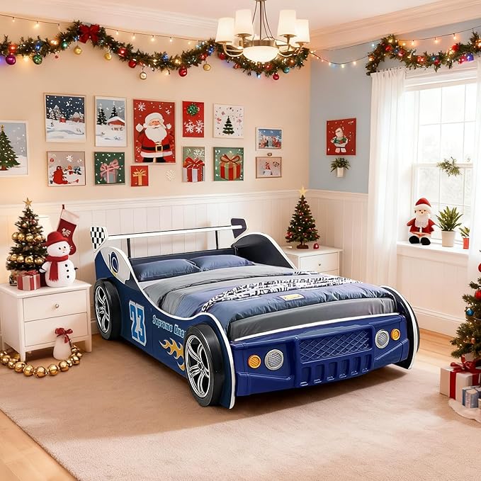 LKTART Car Bed Twin Size for Kids, Race Car Shaped Wooden Platform Bed Frame with Headboard Wheels and Support Slats for Boys Toddlers Child's Bedroom (Blue)
