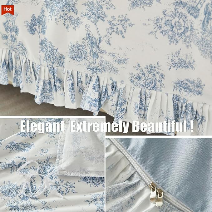 Brandream French Country Toile Duvet Cover Set Full Size for Girls Bedroom Vintage Blue Toile Floral Print 100% Cotton Delicate Ruffle Fringe Soft and Breathable, 3 Pieces Bedding with Zipper Closure
