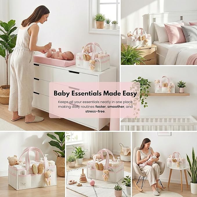 PeraBella Diaper Caddy Organizer with Handle, Baby Shower Gifts Basket Bag, Registry Search Must Haves Items, Nursery Storage Organizer for Newborn Girl Boy, Baby Bag Essentials, Car Diaper Caddy Cart