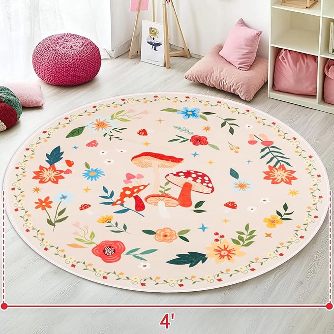 4' Machine Washable Round Area Rug, Non-Slip Vintage Floral Circle Floor Rugs for Kids, Low Pile Room Carpet for Living Room, Bedroom, Dining Room & Nursery(4' Beige Mushroom)