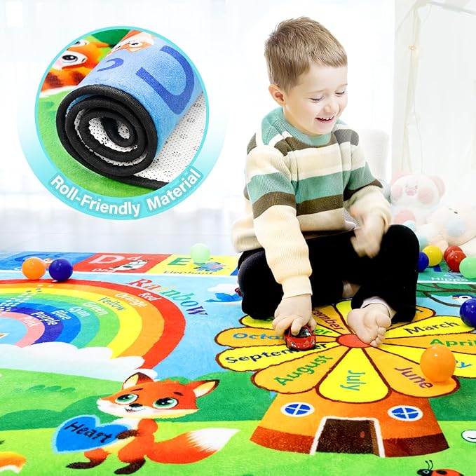 ABC Rug, Toddler Play Rug 5x7 Feet, Extra Thick (0.4in) Washable Baby Play Mat for Floor, Classroom Carpet Non-Slip for Learning, Alphabet, Nursery Mat for Crawling & Fun & Playroom Decor