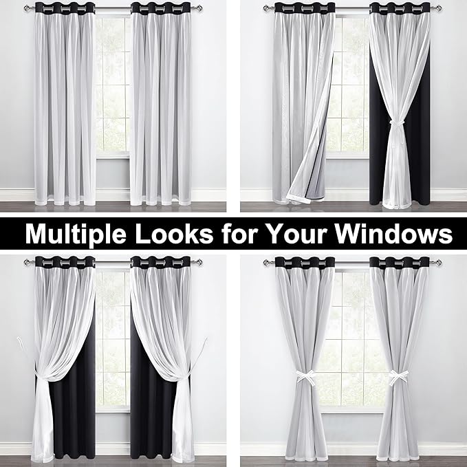 XWZO 100% Blackout Double Layer Curtains, Blackout Curtains with Sheer Overlay for Living Room, Bedroom, Grommet Thermal Insulated Privacy Curtains with Tiebacks, 2 Panels, 52x63, Black