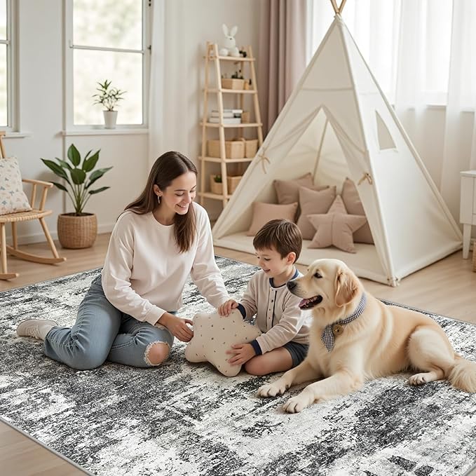 8x10 Area Rugs for Living Room: Abstract Washable Rug with Anti-Slip Backing Non-Shedding Stain-Resistant Soft Modern Large Carpet for Bedroom Dining Room Farmhouse Nursery Home Office Black