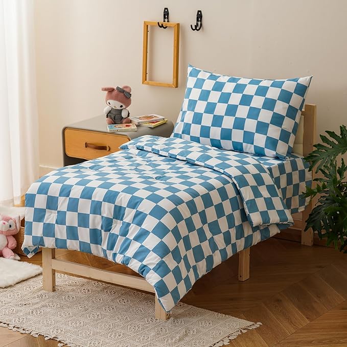 KAREVER Grid Toddler Bedding Set Blue White Checkered 4 Pieces Crib Bed Set Kids Pliad Comforter Set