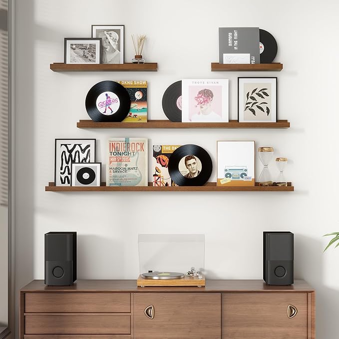 Picture Ledge Wall Shelves - Set of 3, 56 inches Width, Solid Pine Wood Rustic Floating Ledge Shelves for Kids' Room, Bedroom, Kitchen, Bathroom, Walnut