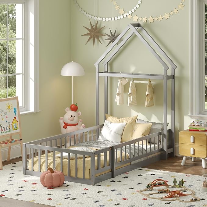 KOMFOTT Twin Size Floor Bed with House-Shaped Headboard, Kids Montessori Floor Bed with Detachable Clothes Hanger, Full Length Safety Guardrails, Door & Latch, Solid Wood Floor Bed Frame