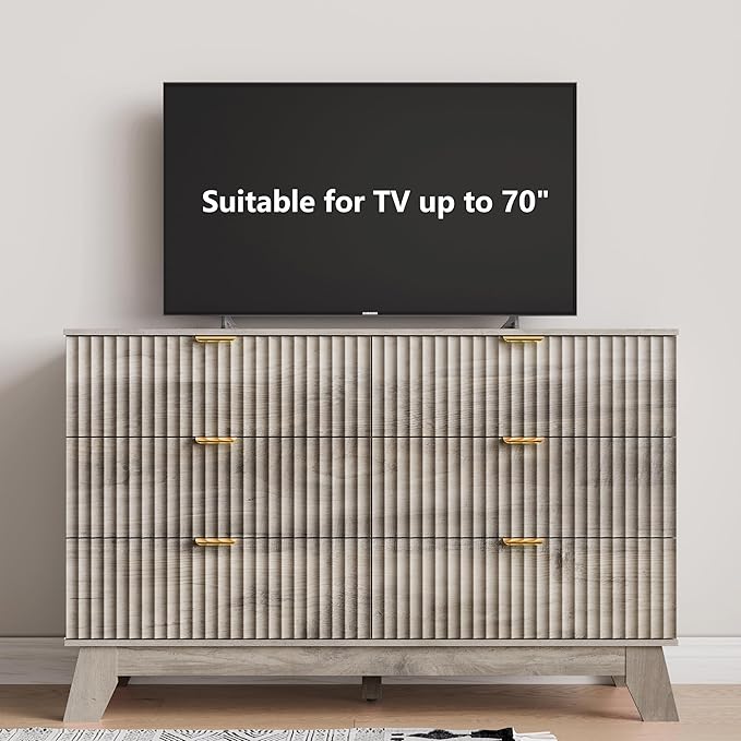 6 Drawer Dresser for Bedroom, Fluted Dressers Chest of Drawers with Gold Handle, Mid Century Modern Dresser for Closet, Wood Closet Storage Organizer Furniture for Bedroom, Living Room, Hallway, Grey