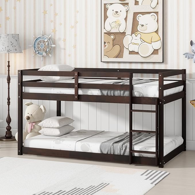 Bunk Bed Twin Over Twin, Wood Low Profile Floor Twin Bunk Beds with Ladder Guardrails for Kids Boys and Girls, No Box Spring Needed