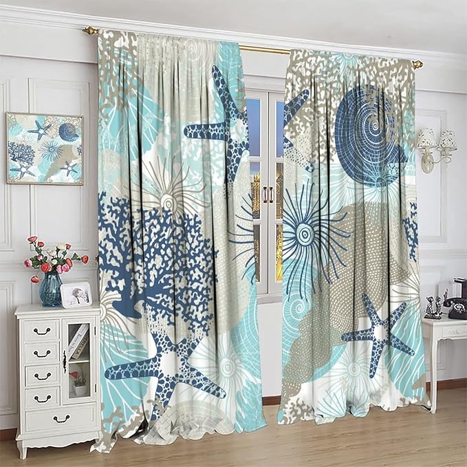 Coastal Curtains Ocean Beach Themed Room Darkening Window Curtain Nautical Coral Blackout Curtain for Bedroom Living Room Bathroom Nursery Set 2 Panels,72x63 Inches