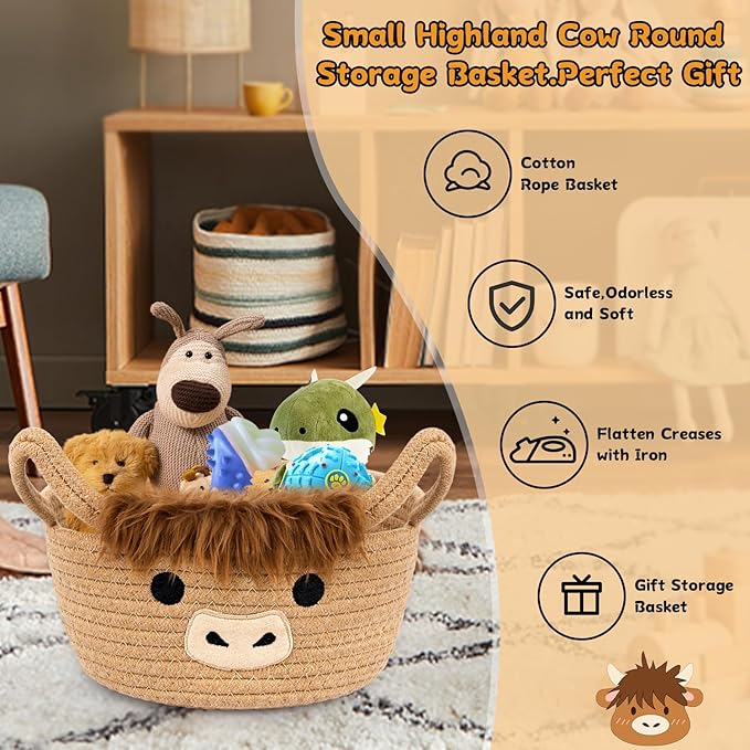 Highland Cute Cow Basket for Nursery, Small Shower Gift Basket, Round Woven Rope Cotton Storage, Baby Blanket 0rganizer with Ears Handles, Blanket Towel Decor Storage Bins, 10.7"D x 4.4"H in