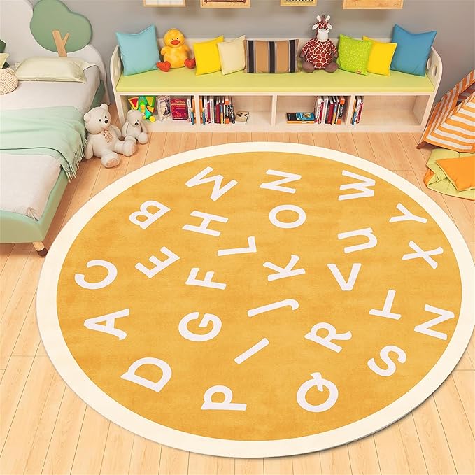 Round Playroom Area Rug,5ft,ABC Children's Round Bedroom Rug, Non-Slip Washable Baby Nursery Rug, Large Toddler Rug Educational Crawling Mat, Suitable for Nursery, School Classroom, Playroom