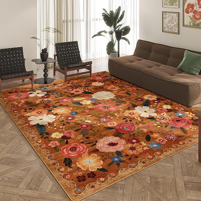 8x10 Washable Area Rug for Living Room, Floral Non-Slip Non-Shedding & Easy Care, Large Soft Low Pile Indoor Floor Carpet for Living Room, Bedroom, Farmhouse, Dining Room, Kids Playroom, Orange