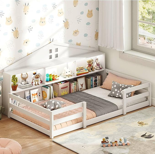 KOMFOTT Twin Floor Bed with Bookcase & LED Light, Wood Bed Frame with Bedside Bookshelves & Guardrails, Versatile 2-in-1 Montessori Floor Bed for Kids (Twin with Led Light,White)
