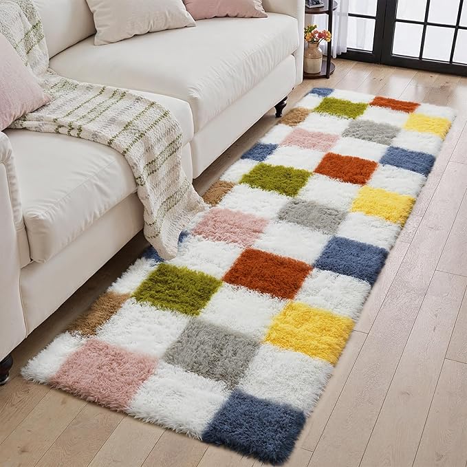 Checkered Area Rug 2x6 for Bedroom, Colorful Modern Shag Rug Super Soft Runner Carpet Washable Fluffy Rugs for Living Room Bedside Sofa Home Dorm Decor Aesthetic