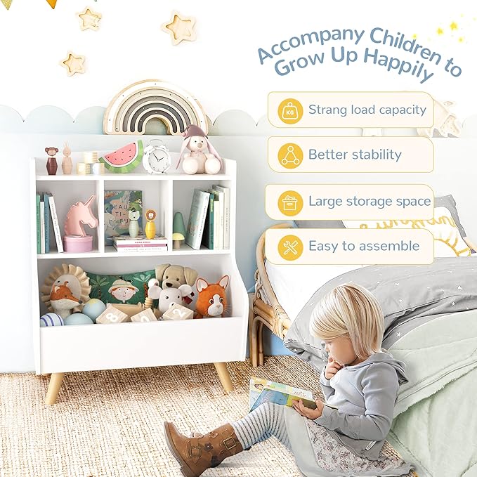 Curipeer Kids Bookshelf and Toy Storage, 3-Tier Wooden Open Bookcase, Baby Book and Toy Storage Display Organizer with Spacious Top Shelf Children, Friends, Family, White