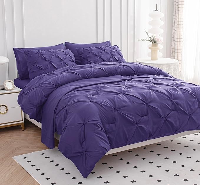 LANE LINEN Full Comforter Set – 7 Piece Bed in a Bag – Pinch Pleated Full Size Bedding Set with Comforter, Flat Sheet, Fitted Sheet, Pillowcase & Sham – Soft Pintuck Bed Set - Purple