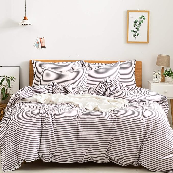 JELLYMONI 100% Natural Cotton 3pcs Striped Duvet Cover Sets,White Duvet Cover with Purple Stripes Pattern Printed Comforter Cover,with Zipper Closure & Corner Ties(Full Size)