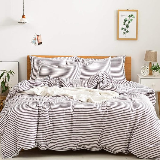 JELLYMONI 100% Natural Cotton 3pcs Striped Duvet Cover Sets,White Duvet Cover with Purple Stripes Pattern Printed Comforter Cover,with Zipper Closure & Corner Ties(Full Size)
