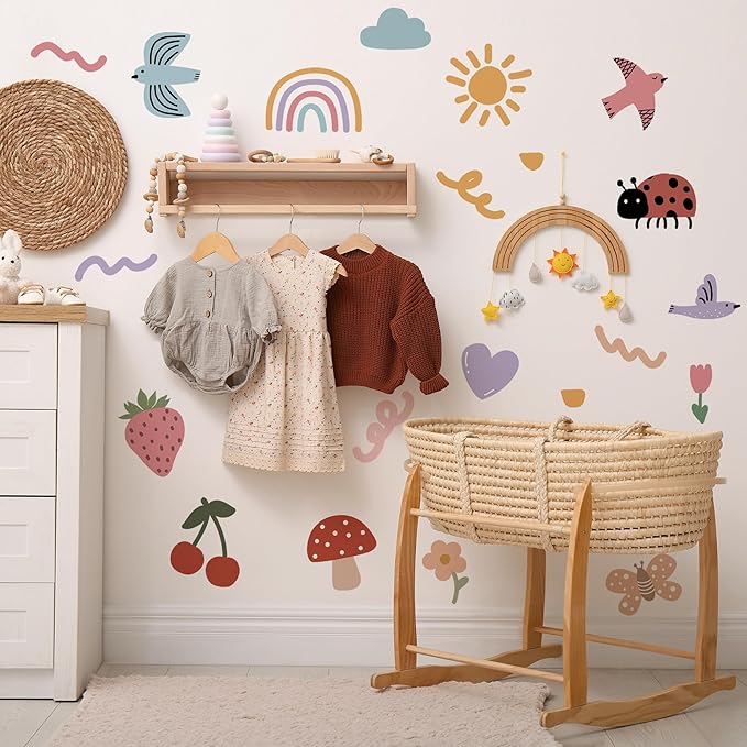 Insect Fruit Wall Decals,Watercolor Doodle Wall Stickers Decor,Peel and Stick Butterfly Mushrooms, Strawberries, Cherries Decals for Kids Bedroom Nursery Playroom Living Room and Bedroom Decoration